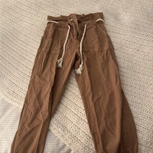 Womens Paper Bag Tan Pants with Rope Belt
